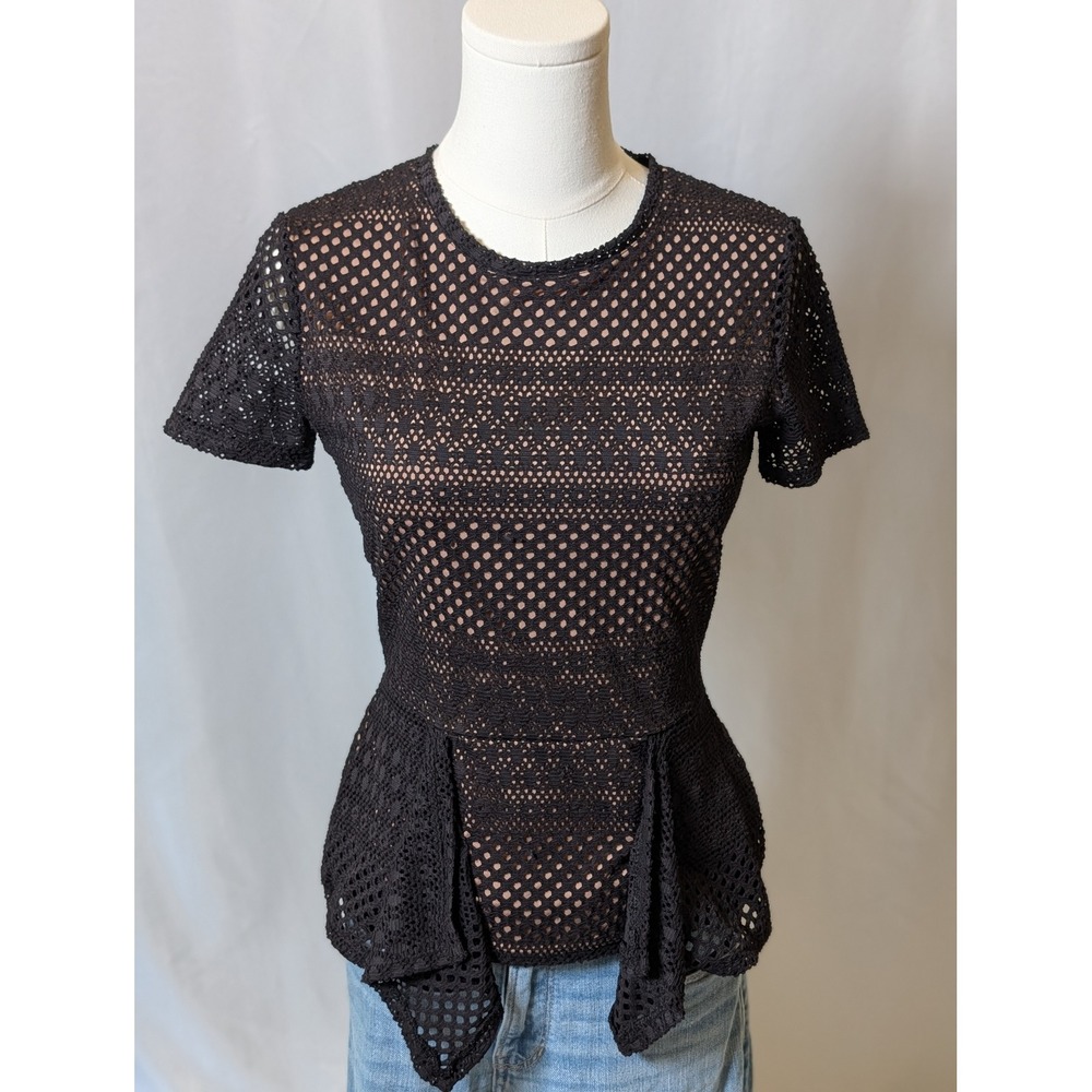 BCBGMaxAzria Vicktoria Mixed Knit Peplum Top Women's Large Black And Cream